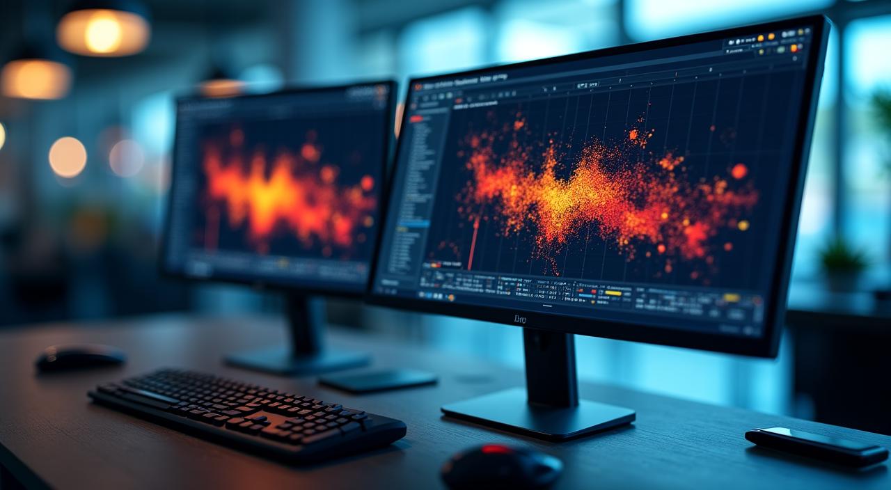 Data analyst reviewing heatmaps and user session recordings on a dual monitor setup